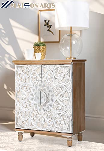 MAISON ARTS 2 Doors Accent Cabinet, Distressed Decorative Storage Cabinet with Silver Embossed Pattern Farmhouse Display Tall Cabinet for Entryway Hallway Lvinig Room Bedroom, Silver & Wood Color