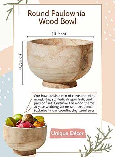 Serene Spaces Living 11" Paulownia Wood Round Bowl, Handmade Wooden Decorative Bowl Fruit Basket for Décor, Parties, Wedding Centerpiece, Floral Arrangements, 7" Tall and 11" Diameter