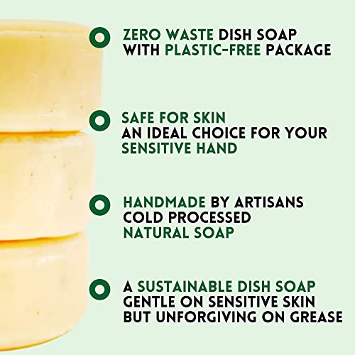 Zero Waste Natural Dish Soap Bar (Pack of 3 Bars) - Solid Vegan Dishwashing Block - Cold Processed, Eco Friendly Plastic Free Packaging with Sustainable Organic Ingredients for Kitchen Camping