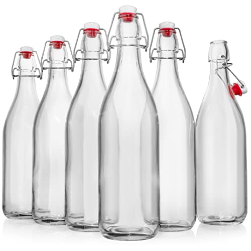 WILLDAN Giara Glass Bottle with Stopper Caps, Set of 6-33.75 Oz Swing Top Glass Bottles for Beverages, Oils, Kombucha, Kefir, Vinegar, Leak Proof Lids