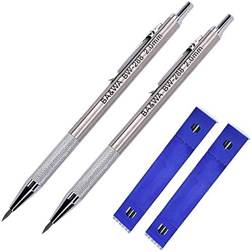 2 Pack 2.0 mm Lead Holder Metal Mechanical Pencil Automatic Mechanical Drafting Pencil+ 24 Leads