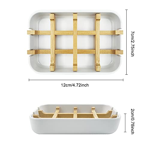 Soap Dish, 2 Pack Bamboo Self-Draining Soap Box, Soap Dishes Holder for Shower, Bathroom, Kitchen, Bathtub, Bar Sink (White)