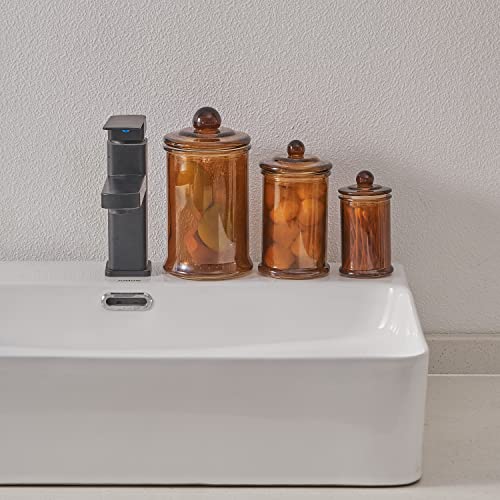 KMwares 3PCs Set Small Glass Premium Quality Apothecary Jars with lids Bathroom Accessories Set for Bathroom Laundry Room Storage or Kitchen / Vanity Organizer Canisters for Cotton Balls / Swabs, Makeup Sponges, Bath Salts, Q-Tips(Brown jar)