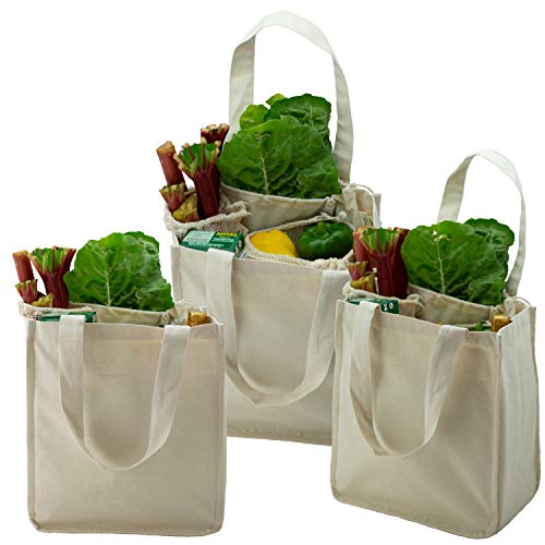 Organic Cotton Deluxe Reusable Grocery Shopping Bag with Bottle Sleeves - Natural 3 Pack (heavy duty, washable)