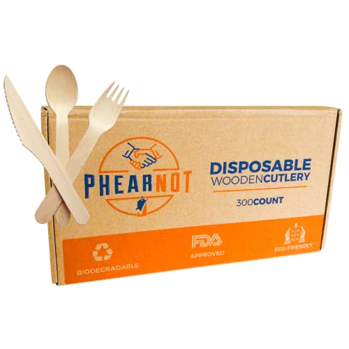 PhearNot Disposable Wooden Cutlery Set - 300 Count (100 Forks, 100 Spoons, 100 Knives) - Natural White Birchwood Flatware Utensils - Durable, Smooth, Biodegradable, Eco-Friendly