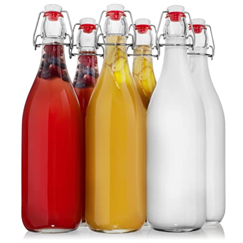 WILLDAN Giara Glass Bottle with Stopper Caps, Set of 6-33.75 Oz Swing Top Glass Bottles for Beverages, Oils, Kombucha, Kefir, Vinegar, Leak Proof Lids