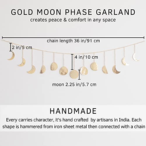 Moon Phase Wall Hanging, Handmade Hammered Gold Metal 13 Moons 36" Garland Boho Decor, Phases of the Moon, Celestial Lunar Art, Bohemian Aesthetic Home Decorations for Bedroom, Headboard, Living Room