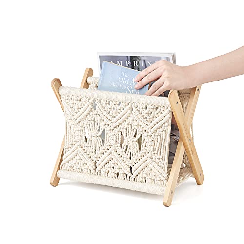 Mkono Macrame Magazine Rack Boho Magazine Holder Storage Standing Basket for Books, Newspapers, Swaddle Blanket, Living Room, Bathroom, Office, Nursery, Home Decor, Small Size, 11.22’’L x 7.5’’W