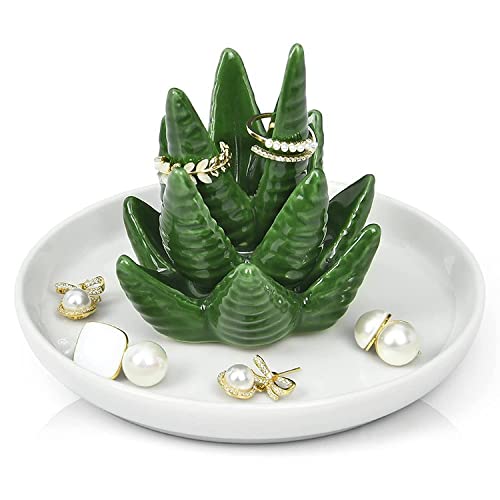 EZDC Glazed Ceramic Ring Dish, Green Chubby Aloe Vera Ring Holder Dish, 4.5” Jewelry Dish, Ring Holder for Jewelry, Rings, Earrings & Necklaces