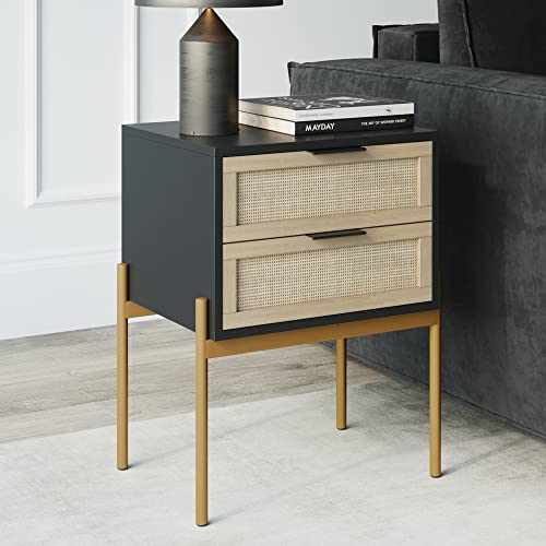 Nathan James Andrew End, Bedside or Side Table in Matte Finish with Two Natural Rattan Drawers Doors for Storage and Brass Accents for Living Room or Bedroom, Black/Cane/Gold