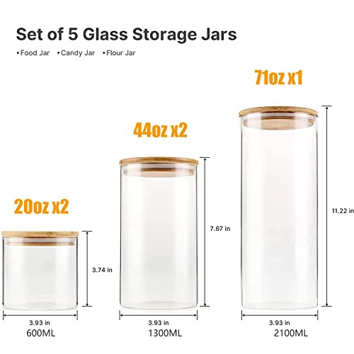 Glass Food Storage Jars Containers Cookie Jar with Airtight Bamboo Lid Set  of 5