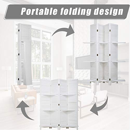 FDW 4 Panel Room Divider Folding Privacy Wooden Screen with Three Clever Shelf Portable Partition Screen Screen Wood for Home Office (White)