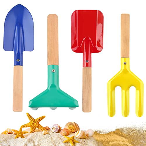 PLACHIDAY Beach Toys for Kids, 4 Pcs 8'' Sand Toys Set Metal Kids Gardening Tools with Sturdy Wooden Handle, Gardening Equipment Fork, Rake, Flat Shovel & Pointed Shovel