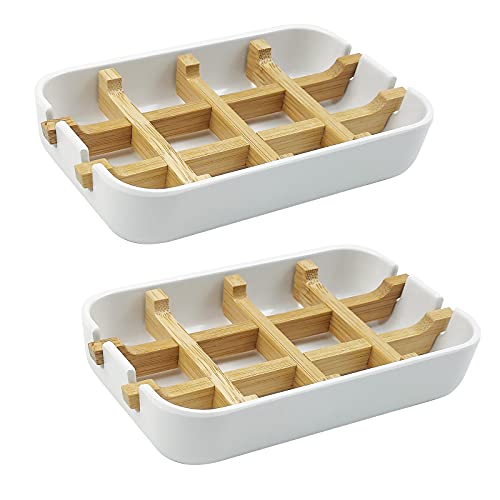 Soap Dish, 2 Pack Bamboo Self-Draining Soap Box, Soap Dishes Holder for Shower, Bathroom, Kitchen, Bathtub, Bar Sink (White)