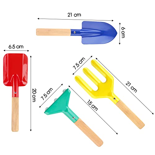 PLACHIDAY Beach Toys for Kids, 4 Pcs 8'' Sand Toys Set Metal Kids Gardening Tools with Sturdy Wooden Handle, Gardening Equipment Fork, Rake, Flat Shovel & Pointed Shovel