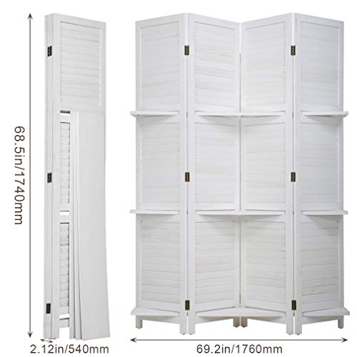 FDW 4 Panel Room Divider Folding Privacy Wooden Screen with Three Clever Shelf Portable Partition Screen Screen Wood for Home Office (White)