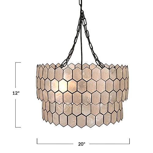 Creative Co-Op Honeycomb Two-Tier Chandelier Light, Capiz White Seashells with Black Metal Pendant