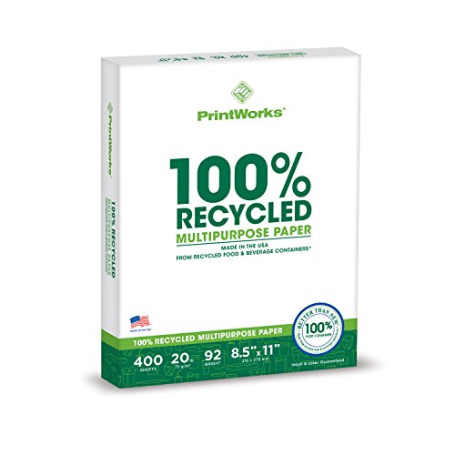 Printworks 100 Percent Recycled Multipurpose Paper, 20 Pound, 92 Bright, 8.5 x 11 Inches, 400 sheets (00018), White