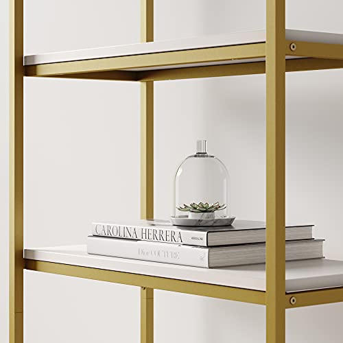 Nathan James Oscar Modern 5-Shelf Bookcase Industrial Bookshelf with Metal Frame and Wood Storage Shelves, Etagere, Gold/White