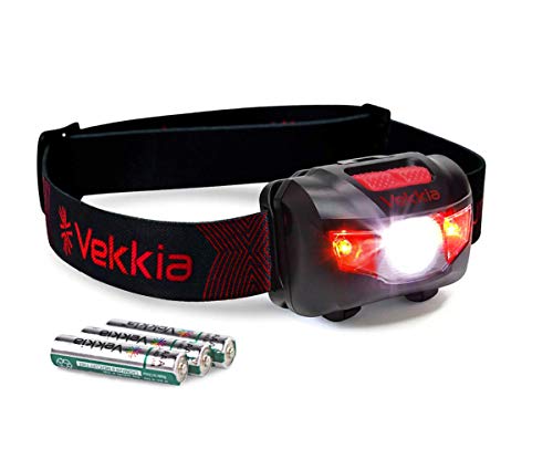 Vekkia Ultra Bright LED Headlamp-5 Lighting Modes,White & Red LEDs Head Lamp, Camping Accessories Gear. IPX6 Waterproof Headlight for Running,Cycling,Fishing,Hiking,Repairing. Batteries Included