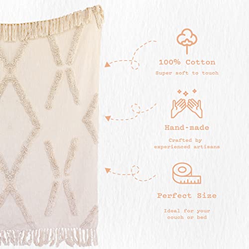 Banilla Bohemian Natural White Throw Blanket for Bed Couch & Dorm 50" x 60" | 100% Cotton Handmade Boho Throw Blankets | Stylish Soft & Cozy Geometric Design with Shaggy Tufting & Tassels