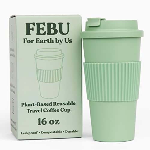 FEBU Plant-Based Reusable Coffee Cup with Lid and Sleeve | 16oz, Sage Green | Portable Travel Mug made from Bamboo | Dishwasher Safe, Zero Waste, Plastic Free with Leak-Proof Screw-on Lid