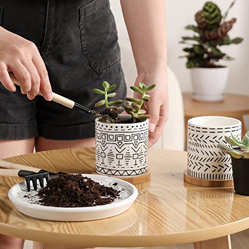 Succulent Pots, 4 Pack Ceramic Planters for Indoor Plants, 3.5 Inch Boho Original Design Flower Pots with Drainage Hole, Bamboo Tray. Stylish Plant Pots for Succulents, Aloe, Cactus, Home Office Decor