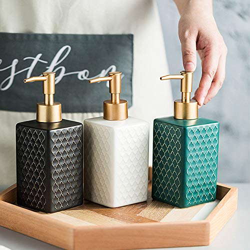 Ceramics Gold Soap Dispenser for Kitchen, Refillable Soap Pump Dispenser for Shower Square Hand Soap Dispenser for Bathroom with Gold Pump, 11.3 oz
