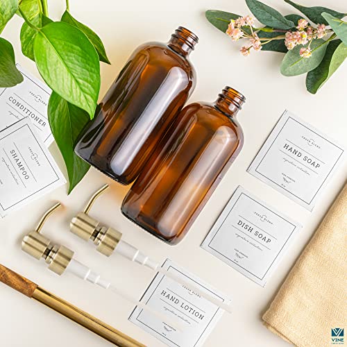 Vine Creations Amber Glass Soap Dispenser 2 Pack, Thick 16oz Bottles Rustproof Stainless Steel Pump, Modern Farmhouse Vintage Jar, Bathroom Kitchen Accessories, with Waterproof Labels (Brushed Gold)