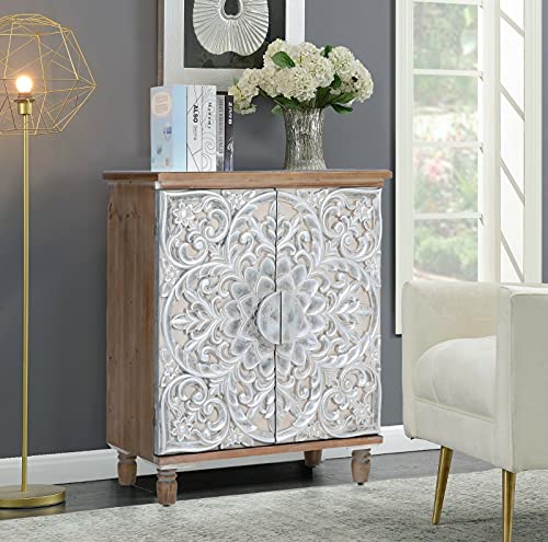 MAISON ARTS 2 Doors Accent Cabinet, Distressed Decorative Storage Cabinet with Silver Embossed Pattern Farmhouse Display Tall Cabinet for Entryway Hallway Lvinig Room Bedroom, Silver & Wood Color