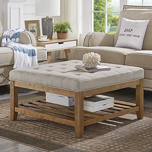 24KF Large Square Upholstered Tufted Linen Ottoman Coffee Table , Large Footrest Ottoman with Solid Wood Shelf-Linen