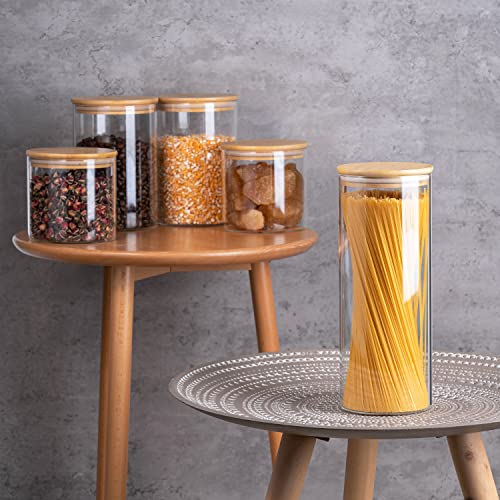 Glass Storage Jars [Set of 5],Clear Glass Food Storage Containers with Airtight Bamboo Lid Stackable Kitchen Canisters for Candy,Cookie,Rice,Sugar,Flour,Pasta,Nuts and Spice Jars