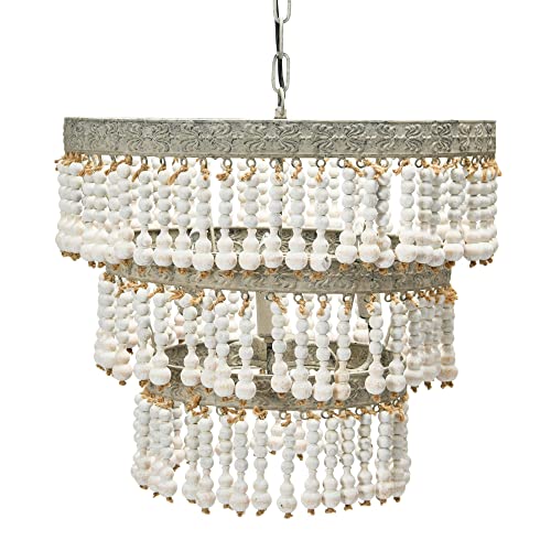 Creative Co-Op Metal & Wood Beaded Chandelier, 20.5" Round by 20" Height, Off- White