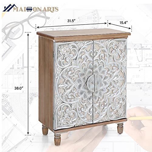 MAISON ARTS 2 Doors Accent Cabinet, Distressed Decorative Storage Cabinet with Silver Embossed Pattern Farmhouse Display Tall Cabinet for Entryway Hallway Lvinig Room Bedroom, Silver & Wood Color