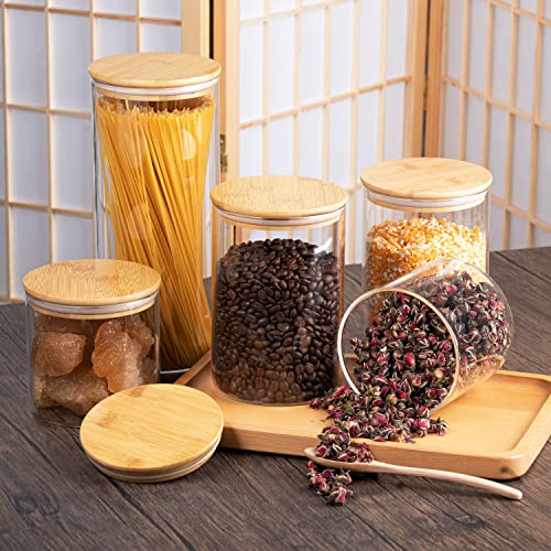 YUNCANG Glass Storage Jars [Set of 5],Clear Glass Food Storage Containers with Airtight Bamboo Lid Stackable Kitchen Canisters for Candy,Cookie,Rice