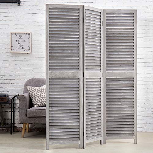 MyGift Vintage Distressed Grey Wood 3 Panel Room Divider Screen Louvered Semi-Private Partition