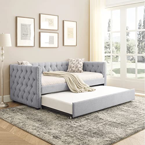 HABITRIO Daybed with A Trundle, Solid Wood Structure Grey Linen Upholstered Twin Size Day Bed Frame w/Twin Roll-Out Trundle, No Box Spring Needed, Furniture for Bedroom, Living Room, Guest Room