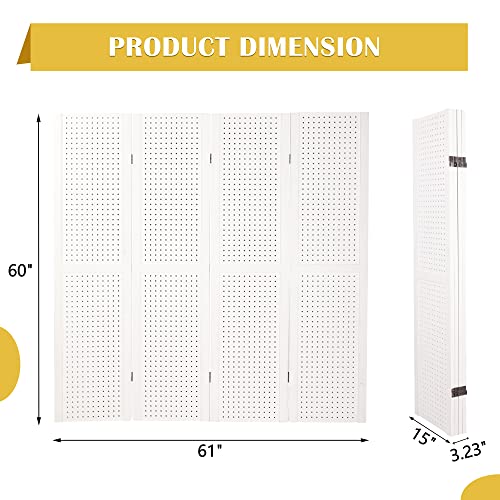 Betterhood 4 Panel Pegboard Display 5 Ft Folding Privacy Partition Room Divider Screen Wood Freestanding Display Board Organizer for Craft Show, Jewelry, Retail, Cloth，White