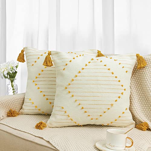 Baceight Throw Pillow Covers 18 x 18 Inch Set of 2 Boho Pillow Covers for Decorative Pillows with Tassels Cotton Neutral Accent Cushion Cover for Couch Sofa Bedroom Car