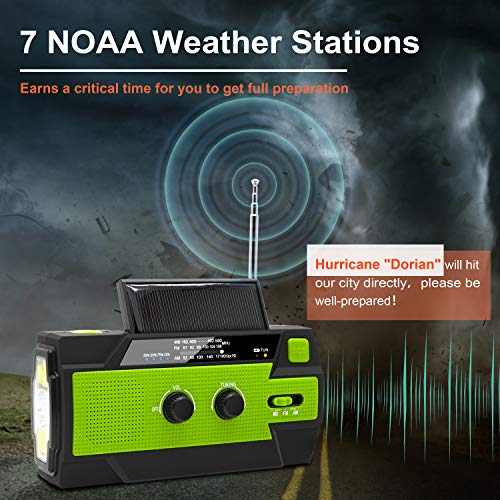 Emergency Crank Weather Radio, 4000mAh Solar Hand Crank Portable AM/FM/NOAA Radio with 1W 3 Mode Flashlight & Motion Sensor Reading Lamp, Cell Phone Charger, SOS for Home and Emergency