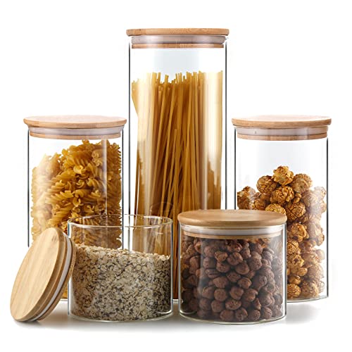 Glass Storage Jars [Set of 5],Clear Glass Food Storage Containers with Airtight Bamboo Lid Stackable Kitchen Canisters for Candy,Cookie,Rice,Sugar,Flour,Pasta,Nuts and Spice Jars