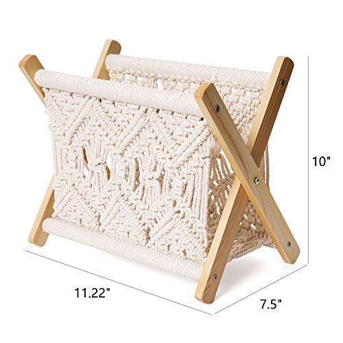 Mkono Macrame Magazine Rack Boho Magazine Holder Storage Standing Basket for Books, Newspapers, Swaddle Blanket, Living Room, Bathroom, Office, Nursery, Home Decor, Small Size, 11.22’’L x 7.5’’W