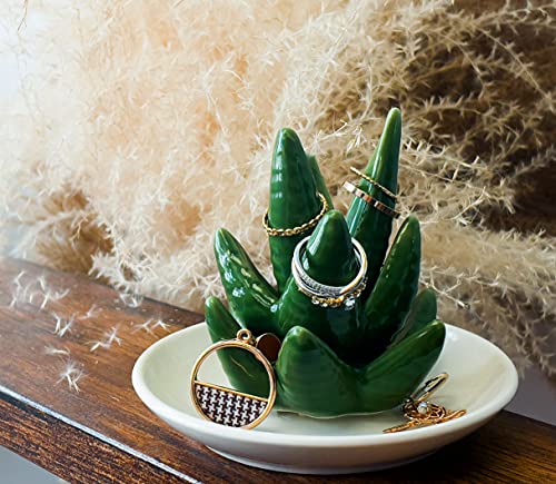 EZDC Glazed Ceramic Ring Dish, Green Chubby Aloe Vera Ring Holder Dish, 4.5” Jewelry Dish, Ring Holder for Jewelry, Rings, Earrings & Necklaces