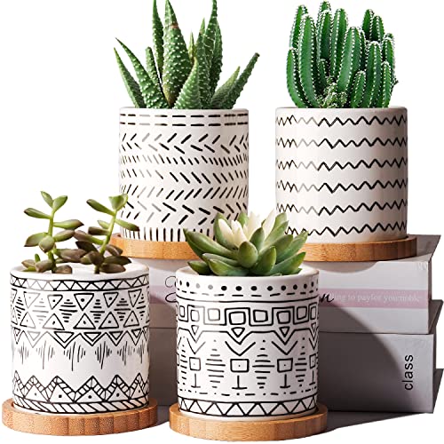 Succulent Pots, 4 Pack Ceramic Planters for Indoor Plants, 3.5 Inch Boho Original Design Flower Pots with Drainage Hole, Bamboo Tray. Stylish Plant Pots for Succulents, Aloe, Cactus, Home Office Decor