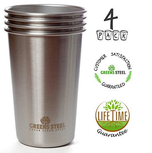 #1 Premium Stainless Steel Cups 16 oz Pint Cup Tumbler (4 Pack) By Greens Steel - Premium Metal Cups - Stackable Durable Cup