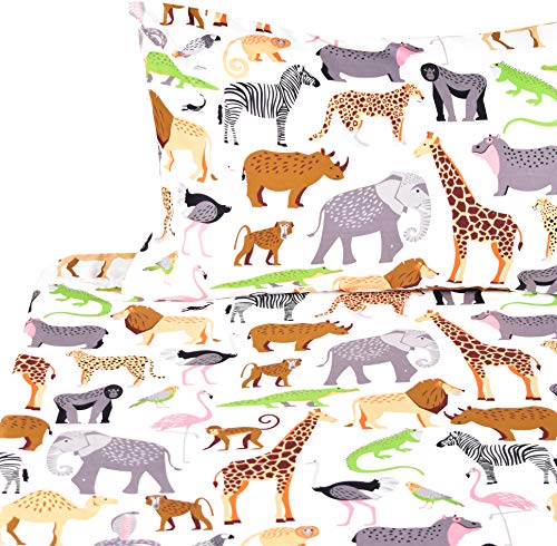 J-pinno Jungle Animals Leopard Ostrich Crocodile Snake Twin Sheet Set Kids Boys Bedroom Decoration Gift, 100% Cotton, Flat Sheet + Fitted Sheet + Pillowcase Bedding Set (Twin, 15)