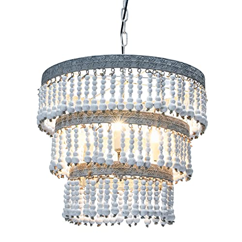 Creative Co-Op Metal & Wood Beaded Chandelier, 20.5" Round by 20" Height, Off- White