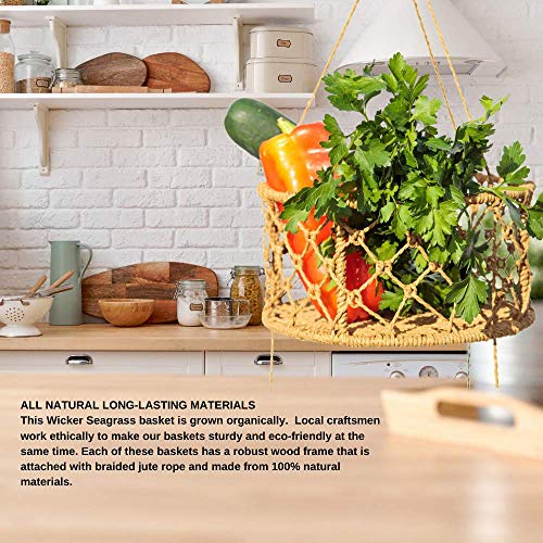 Kitchen Science Hanging Fruit Baskets for Kitchen, 3-Tier Woven Wicker Seagrass Baskets | 100% Natural, Robust Wood Frame & Braided Jute Rope, Handwoven 3 Tier Fruit Baskets