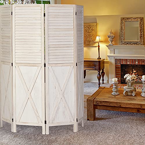 4 Panel Rustic Wood Room Divider, 5.8 Ft Tall Farmhouse, Freestanding Partition, Room Separator, Rustic Barnwood (White)