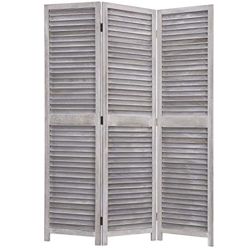 MyGift Vintage Distressed Grey Wood 3 Panel Room Divider Screen Louvered Semi-Private Partition